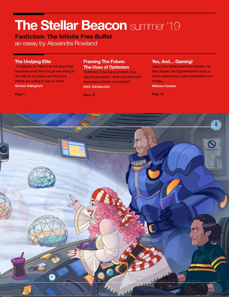 Cover of the zine: an image of space explorers looking a habitats floating in an atmosphere