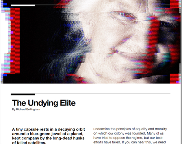 image of a sci-fi viewscreen, distorted by jamming, showing an older woman